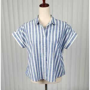 Madewell Cropped Button-Down Shirt Dolman Sleeve Soft Blue Stripe Size Medium